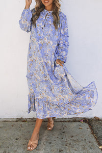 Udressshop Purple Ruffled Bubble Sleeves Kaftan Paisley Maxi Dress