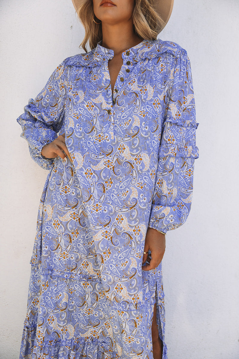 Udressshop Purple Ruffled Bubble Sleeves Kaftan Paisley Maxi Dress