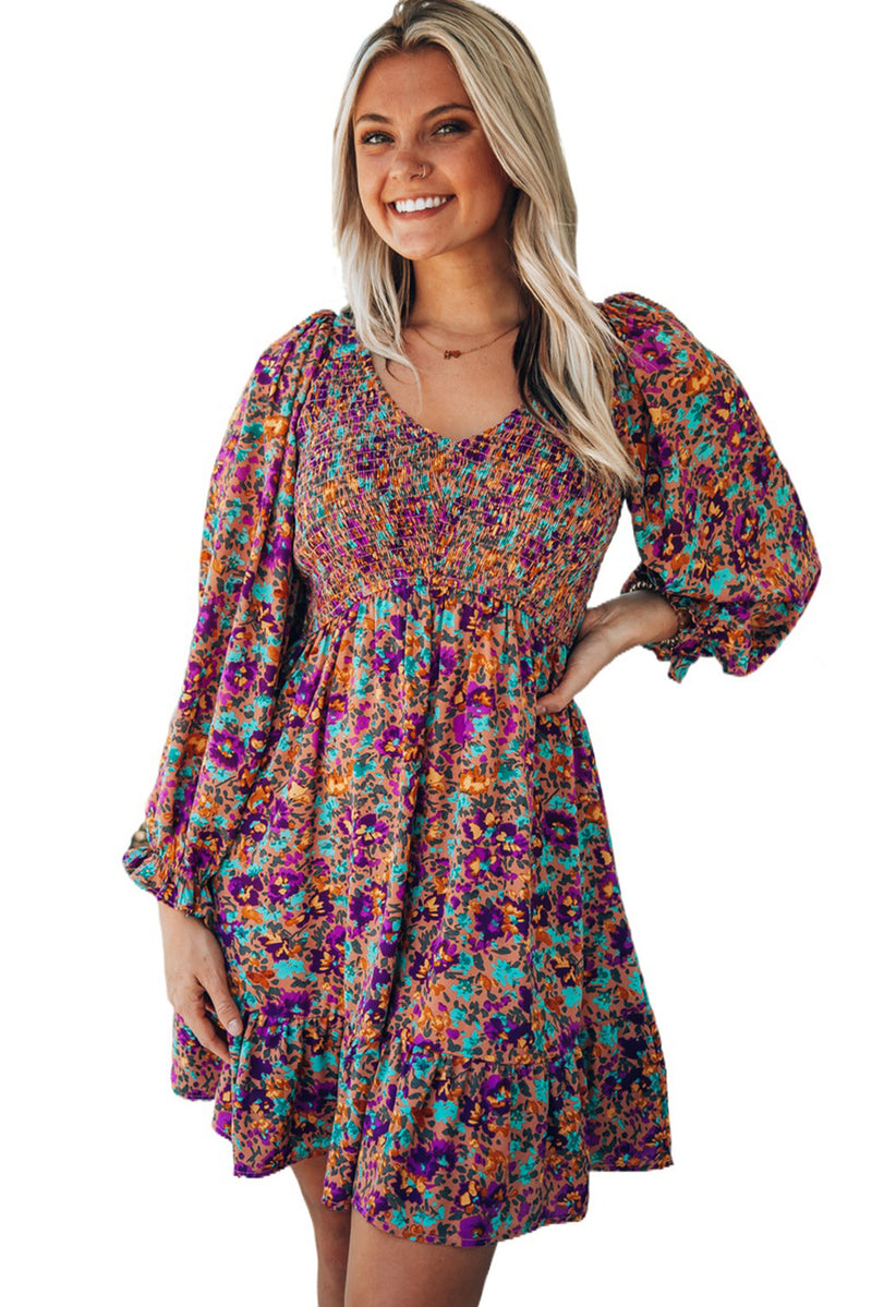 Udressshop Purple Smocked V Neck Puffy Sleeve Floral Dress