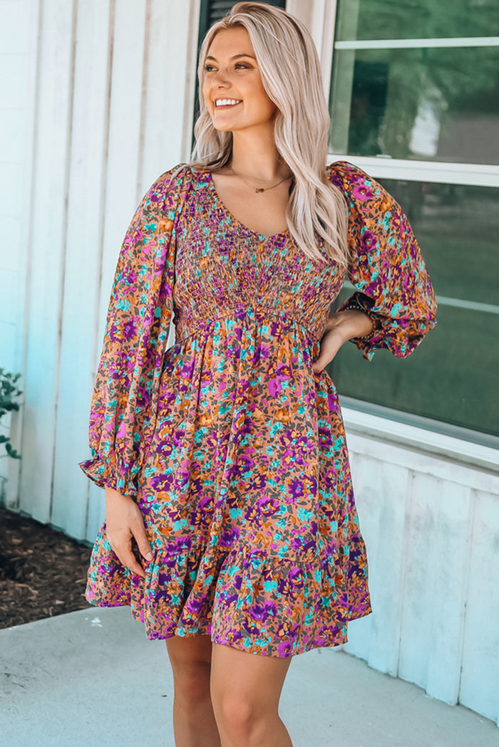 Udressshop Purple Smocked V Neck Puffy Sleeve Floral Dress