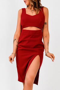 Udressshop Red Cut out Waist Side Slit Sleeveless Midi Dress