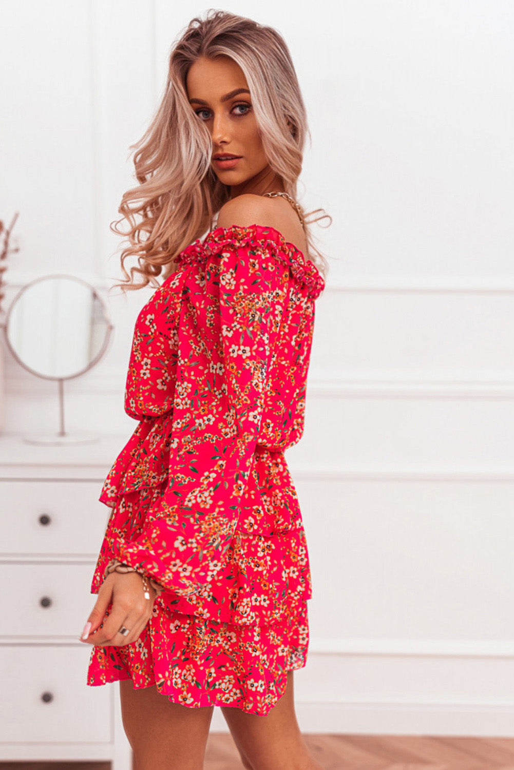 Udressshop Red Frilled Neckline Tiered Ruffled Floral Dress