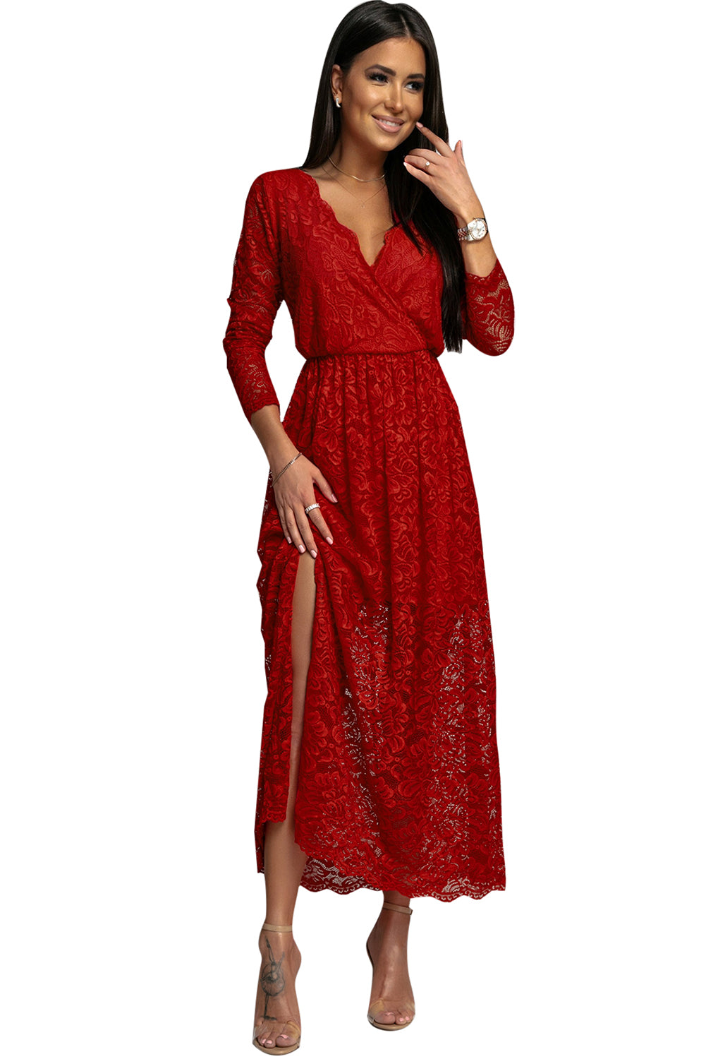 Udressshop Red Long Sleeve V Neck Lace Maxi Dress with Split