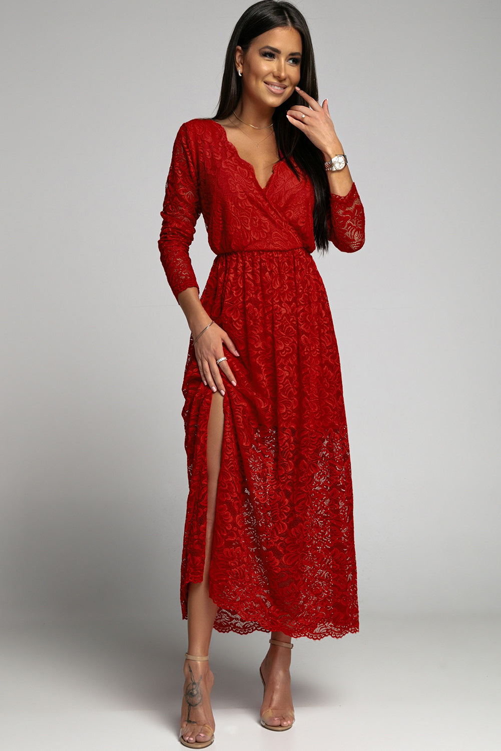 Udressshop Red Long Sleeve V Neck Lace Maxi Dress with Split