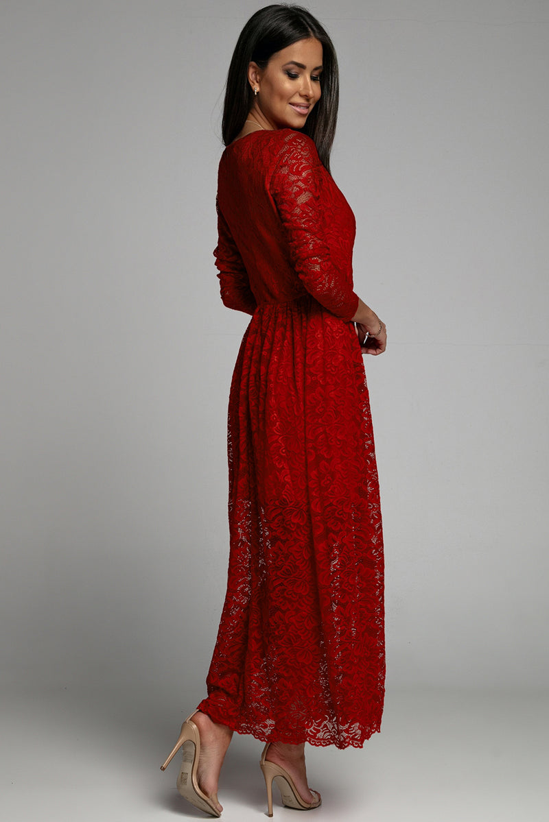 Udressshop Red Long Sleeve V Neck Lace Maxi Dress with Split