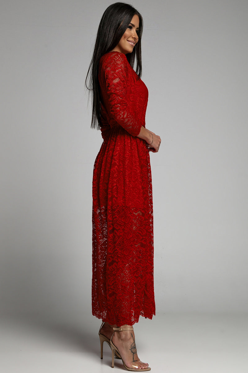 Udressshop Red Long Sleeve V Neck Lace Maxi Dress with Split