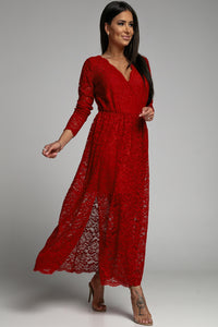 Udressshop Red Long Sleeve V Neck Lace Maxi Dress with Split