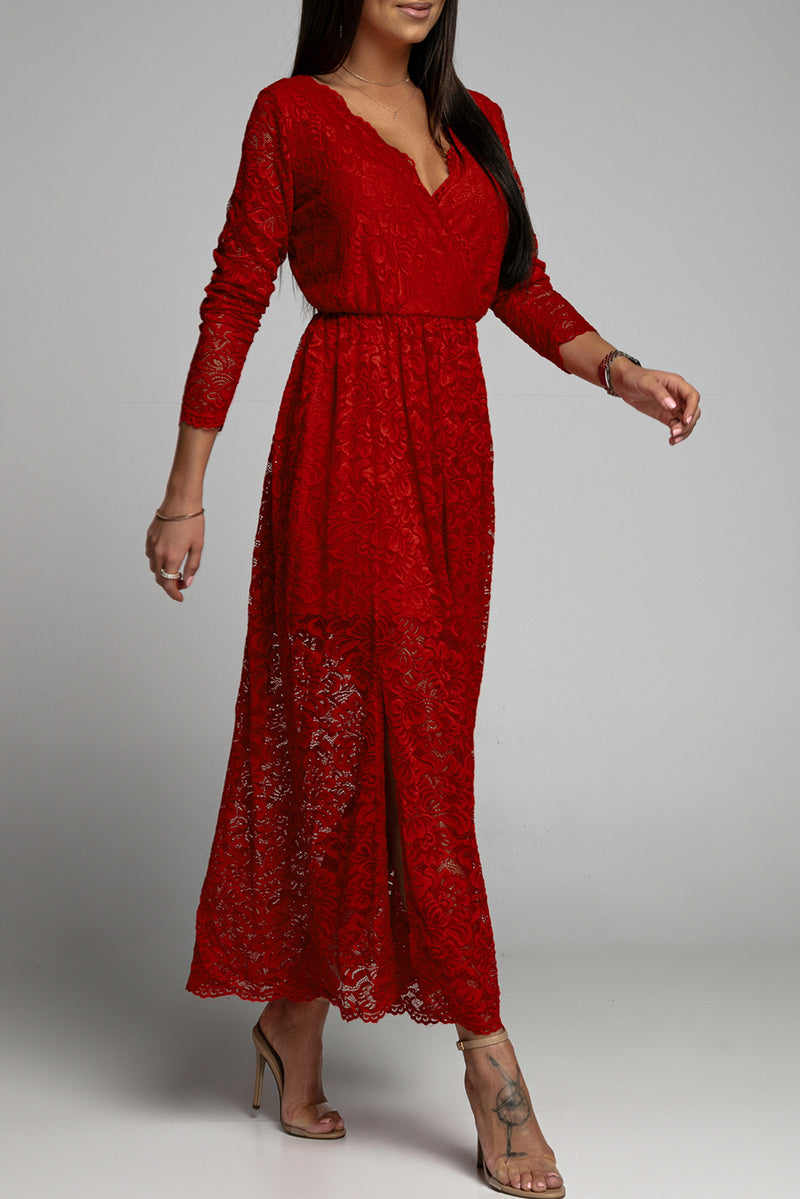 Udressshop Red Long Sleeve V Neck Lace Maxi Dress with Split