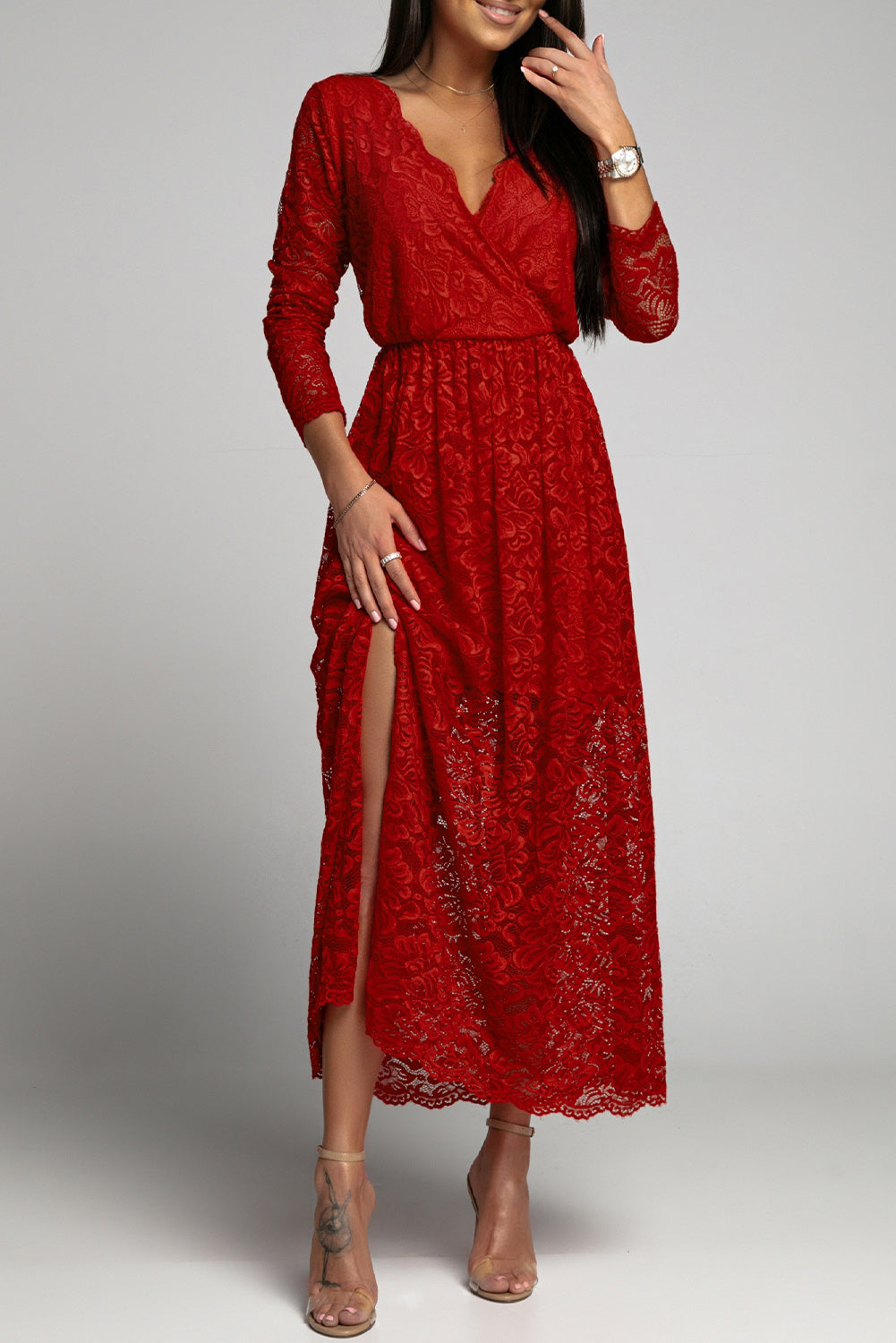 Udressshop Red Long Sleeve V Neck Lace Maxi Dress with Split