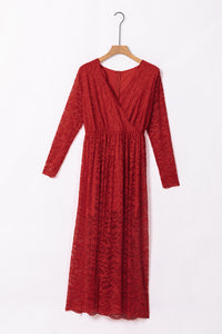 Udressshop Red Long Sleeve V Neck Lace Maxi Dress with Split