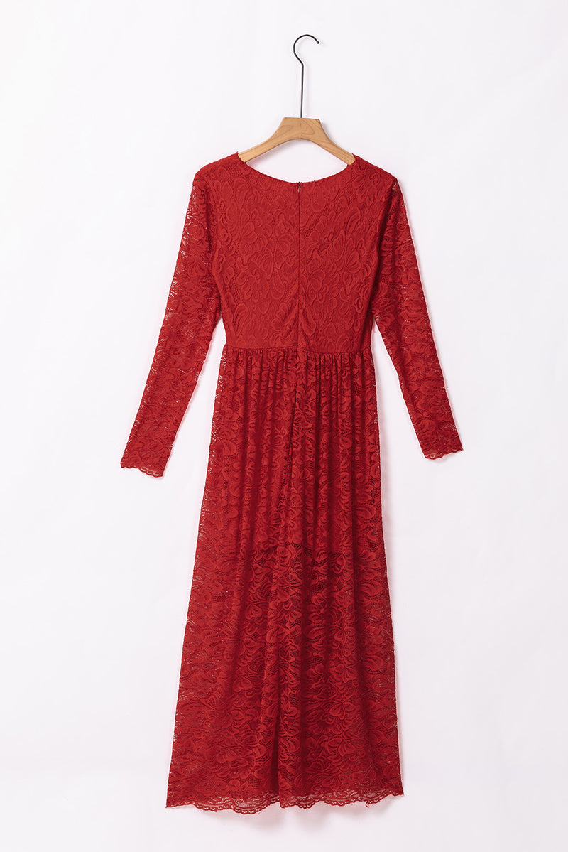 Udressshop Red Long Sleeve V Neck Lace Maxi Dress with Split