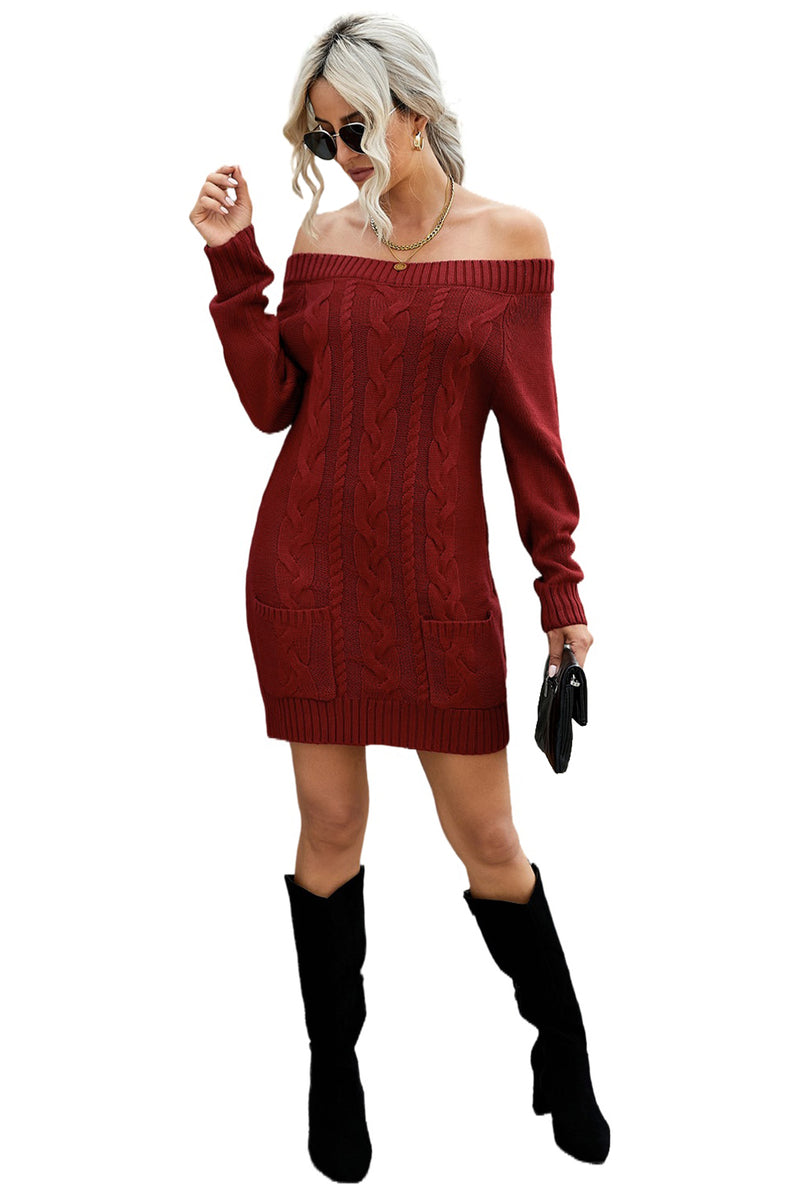 Udressshop Red Off-shoulder Cable Knit Winter Sweater Dress