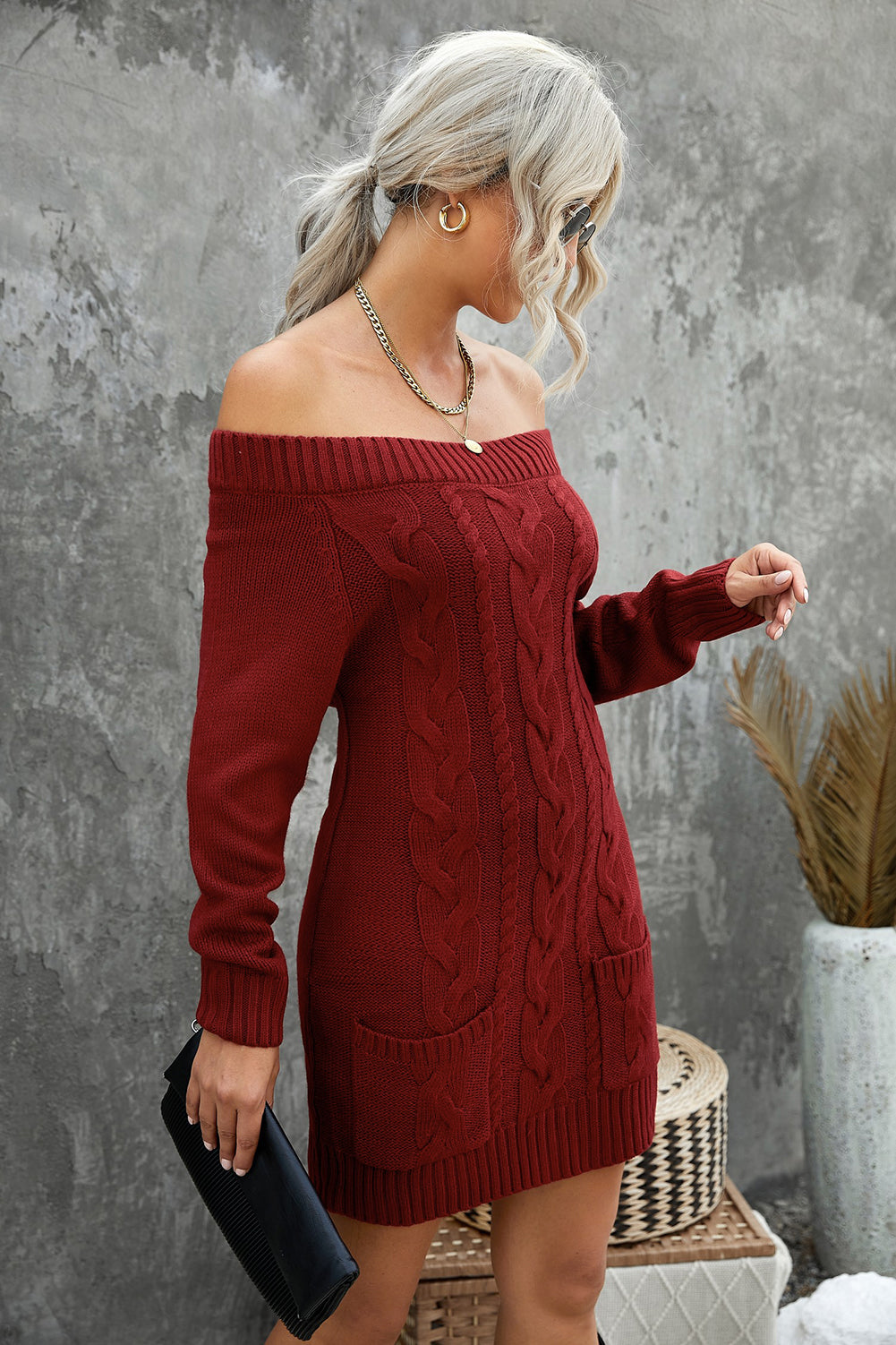 Udressshop Red Off-shoulder Cable Knit Winter Sweater Dress