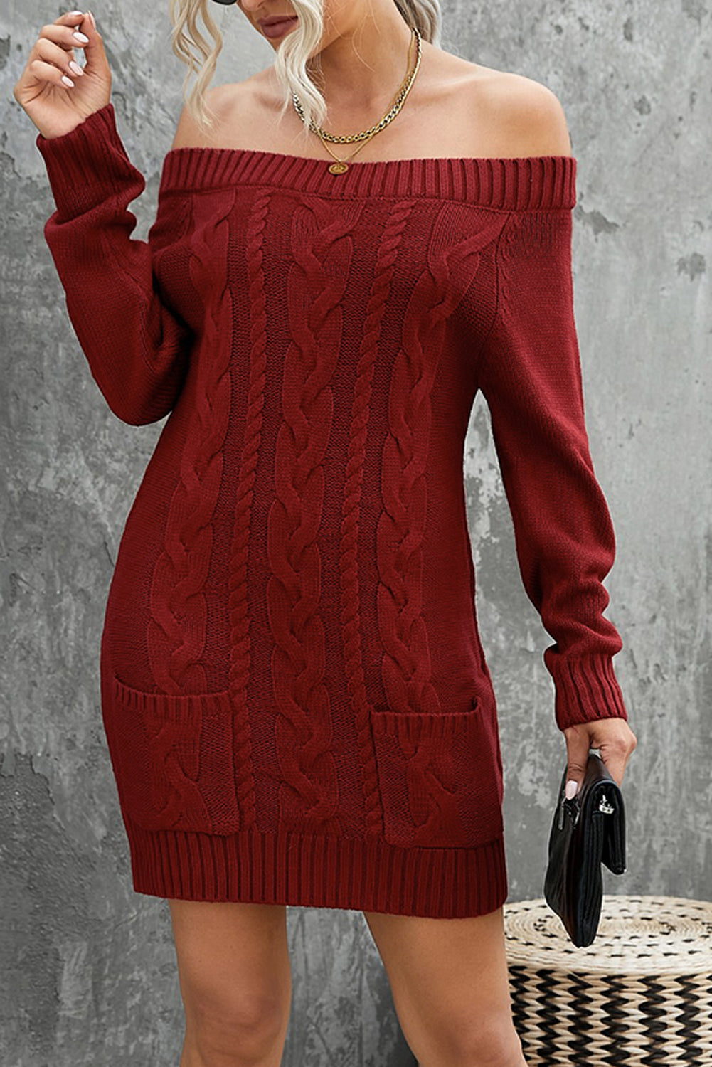 Udressshop Red Off-shoulder Cable Knit Winter Sweater Dress