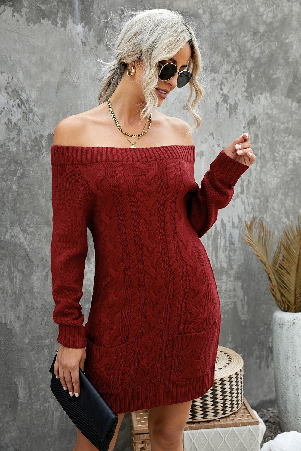 Udressshop Red Off-shoulder Cable Knit Winter Sweater Dress