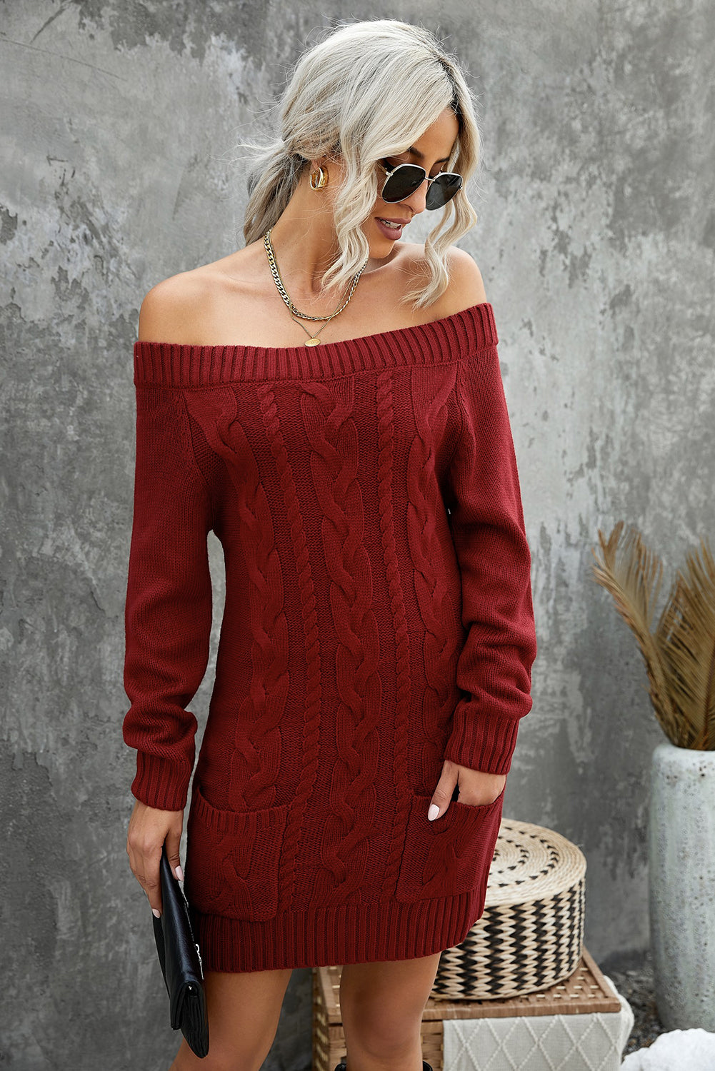 Udressshop Red Off-shoulder Cable Knit Winter Sweater Dress