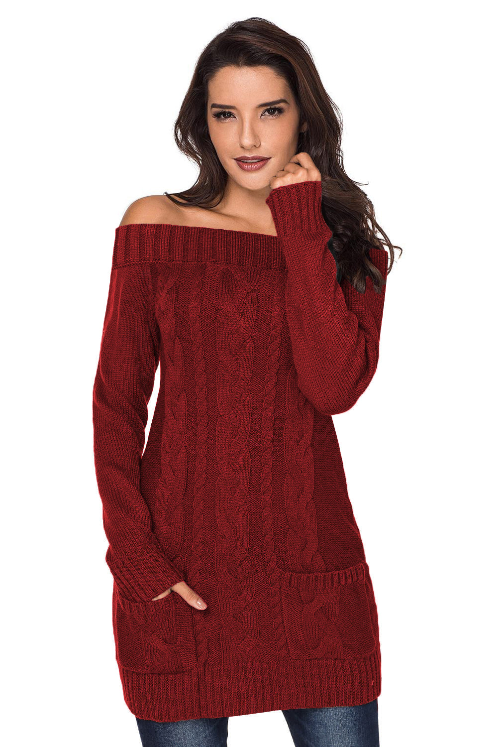 Udressshop Red Off-shoulder Cable Knit Winter Sweater Dress