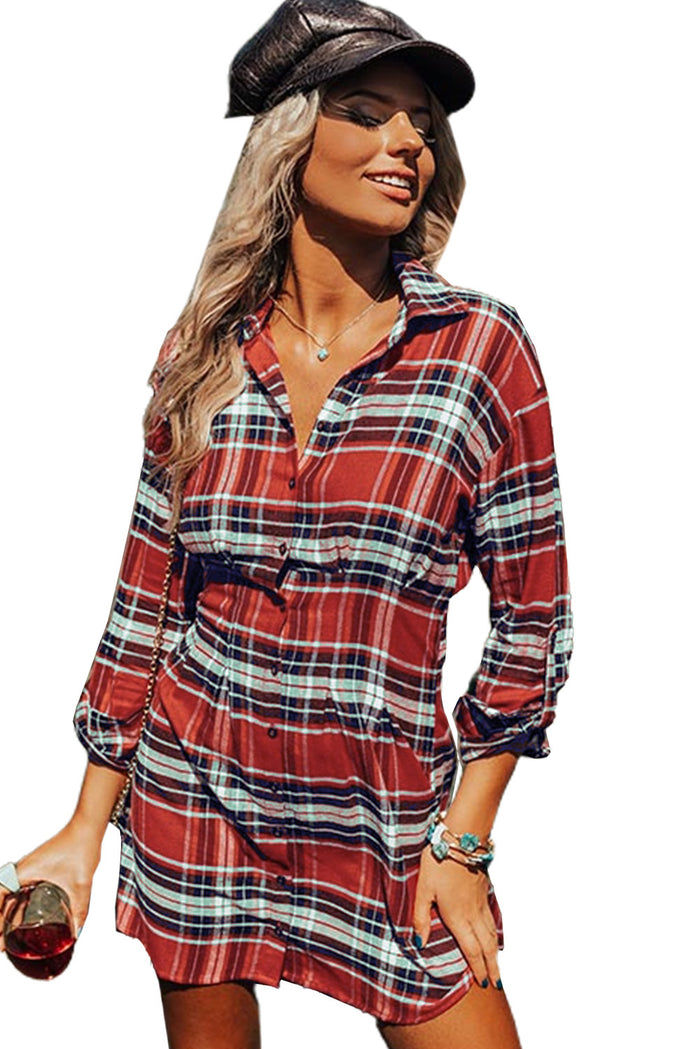 Udressshop Red Plaid Print Buttoned Long Sleeve Shirt Dress