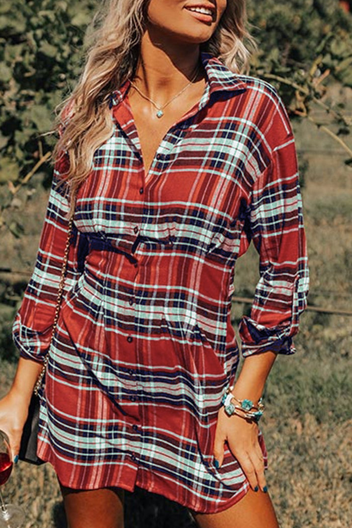 Udressshop Red Plaid Print Buttoned Long Sleeve Shirt Dress