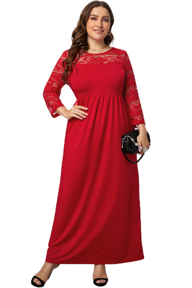 Plus Size 3/4 Lace Long Sleeve Yoke Women's Maxi Dress