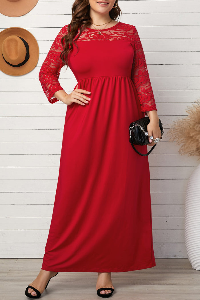 Plus Size 3/4 Lace Long Sleeve Yoke Women's Maxi Dress