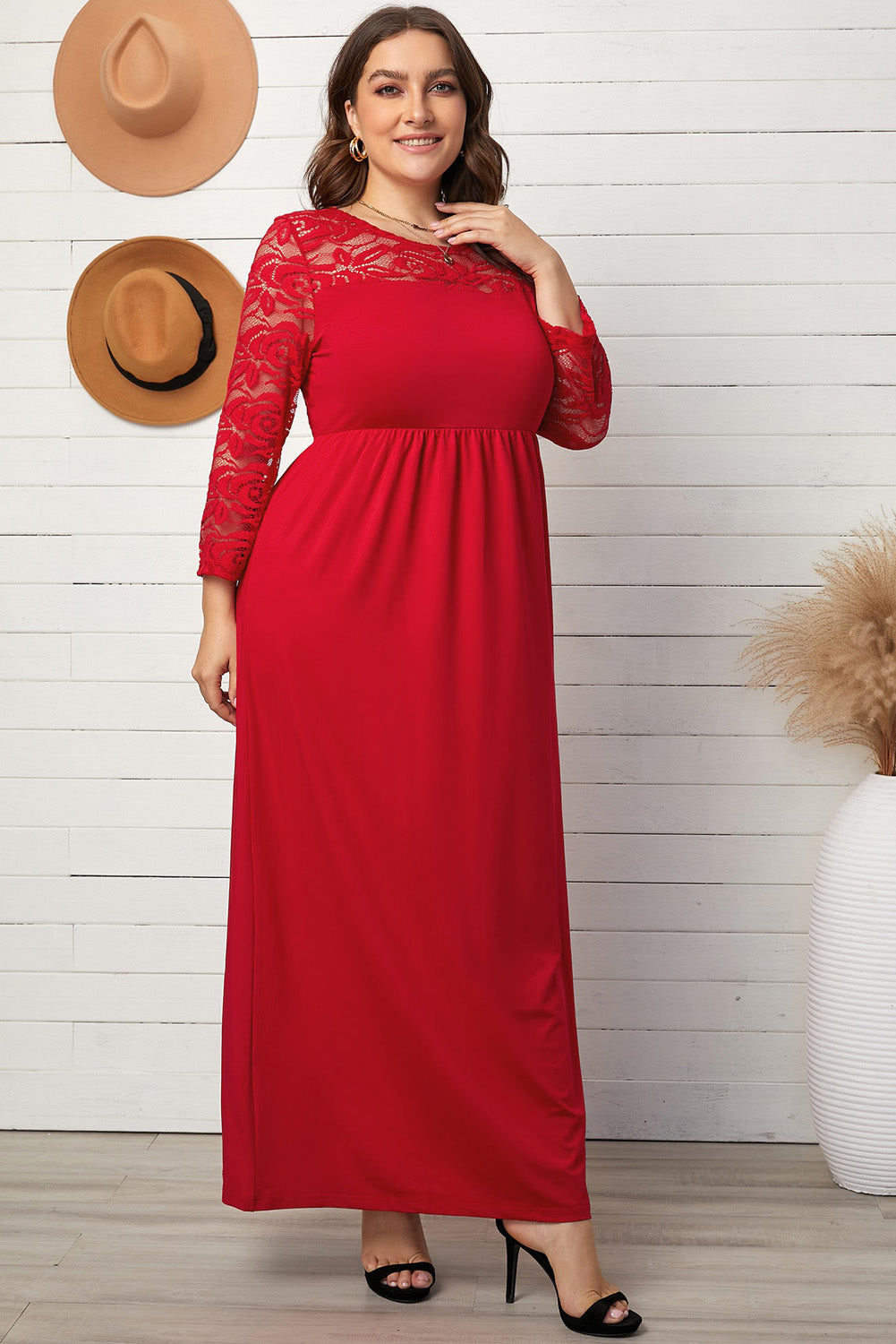 Plus Size 3/4 Lace Long Sleeve Yoke Women's Maxi Dress