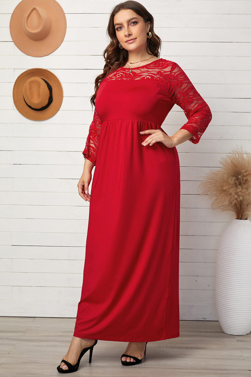 Plus Size 3/4 Lace Long Sleeve Yoke Women's Maxi Dress