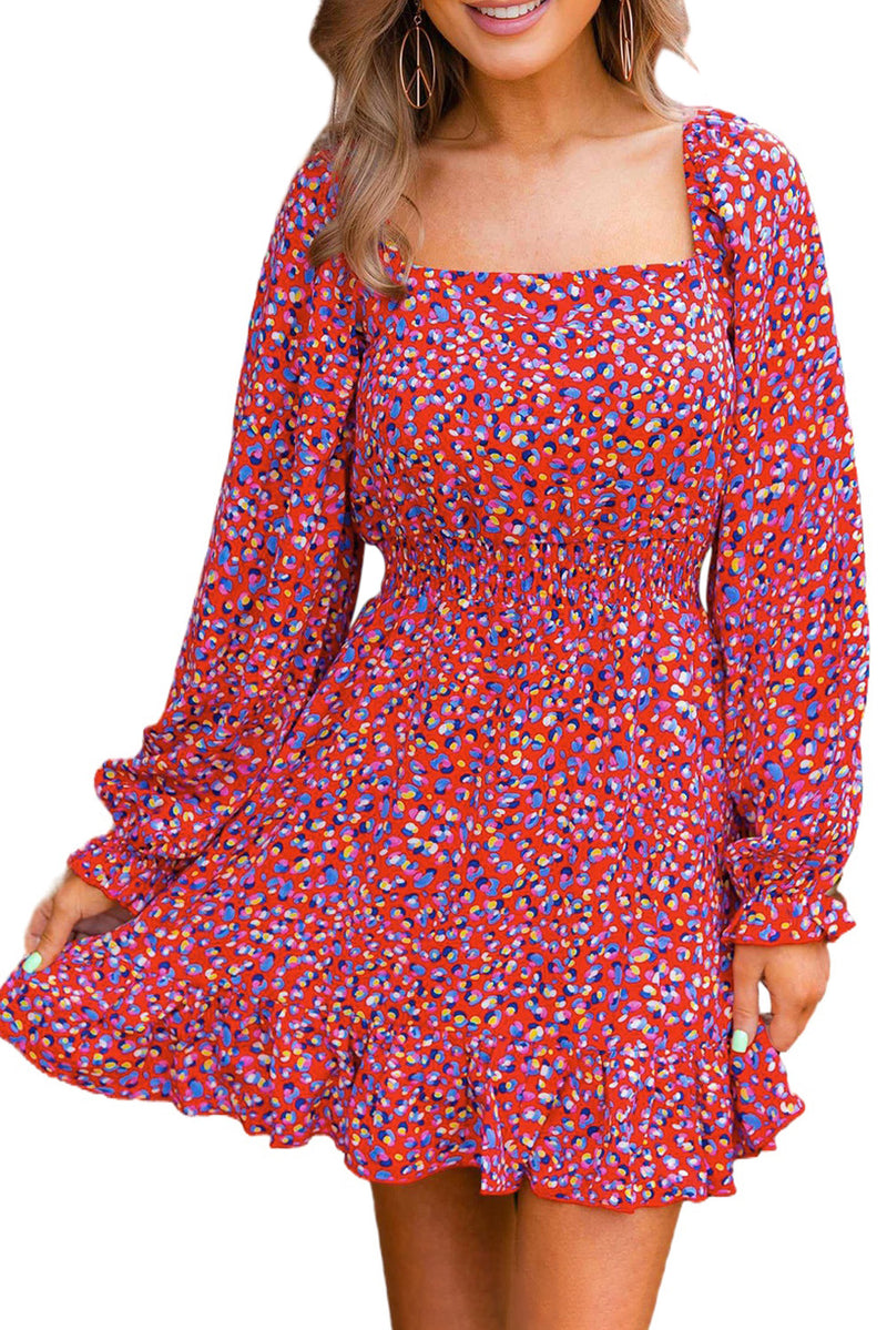 Udressshop Red Square Neck Spring Floral Dress