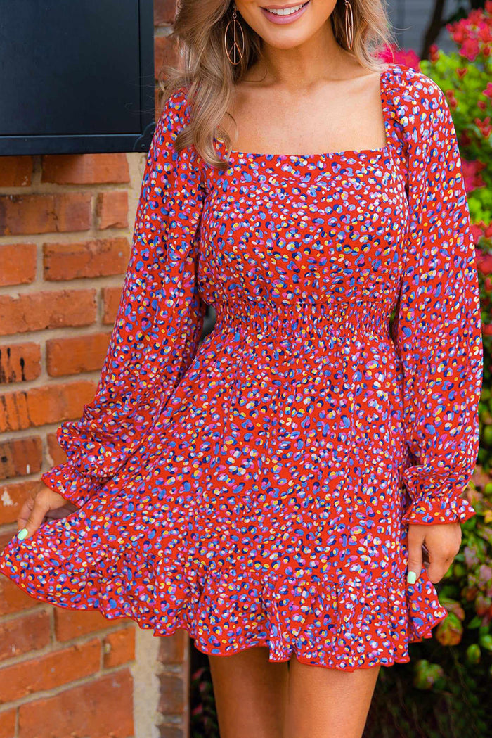 Udressshop Red Square Neck Spring Floral Dress