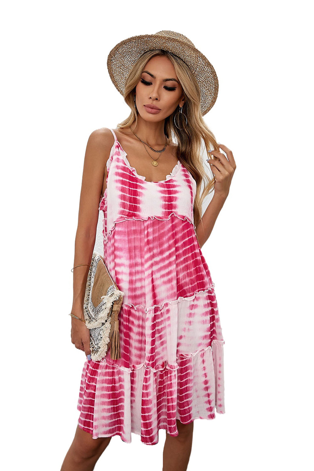 Udressshop Red Tie-dye Tiered Ruffled Flowy Slip Midi Dress