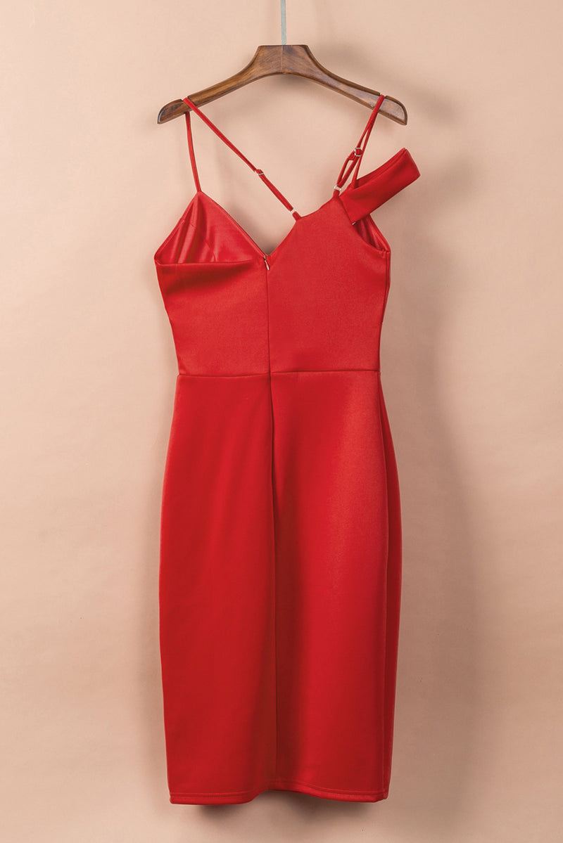 Udressshop Red V Neck Split Spaghetti Strap Bodycon Dress