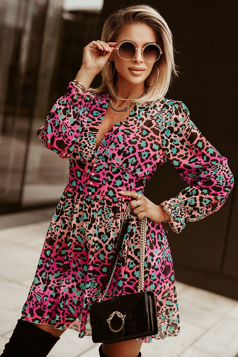 Udressshop Rose Deep V Neck Cinched Waist Leopard Mini Dress