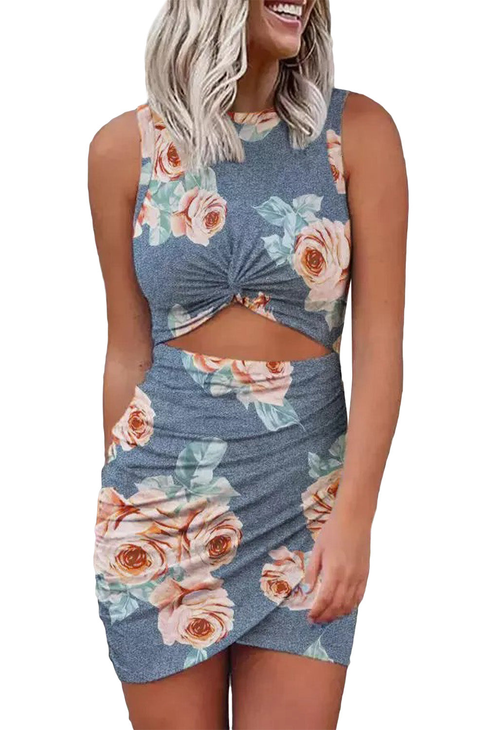 Udressshop Floral Print Hollow Out Wrap Tie Mini Dress