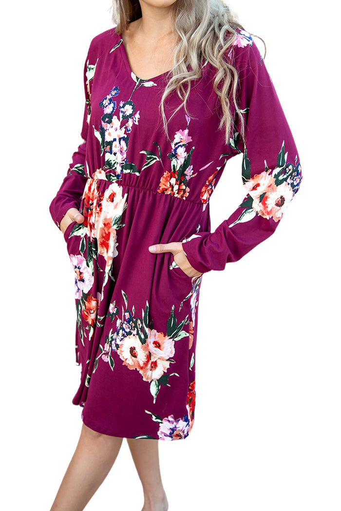 Udressshop Rose Long Sleeve High Waist Winter Floral Dress