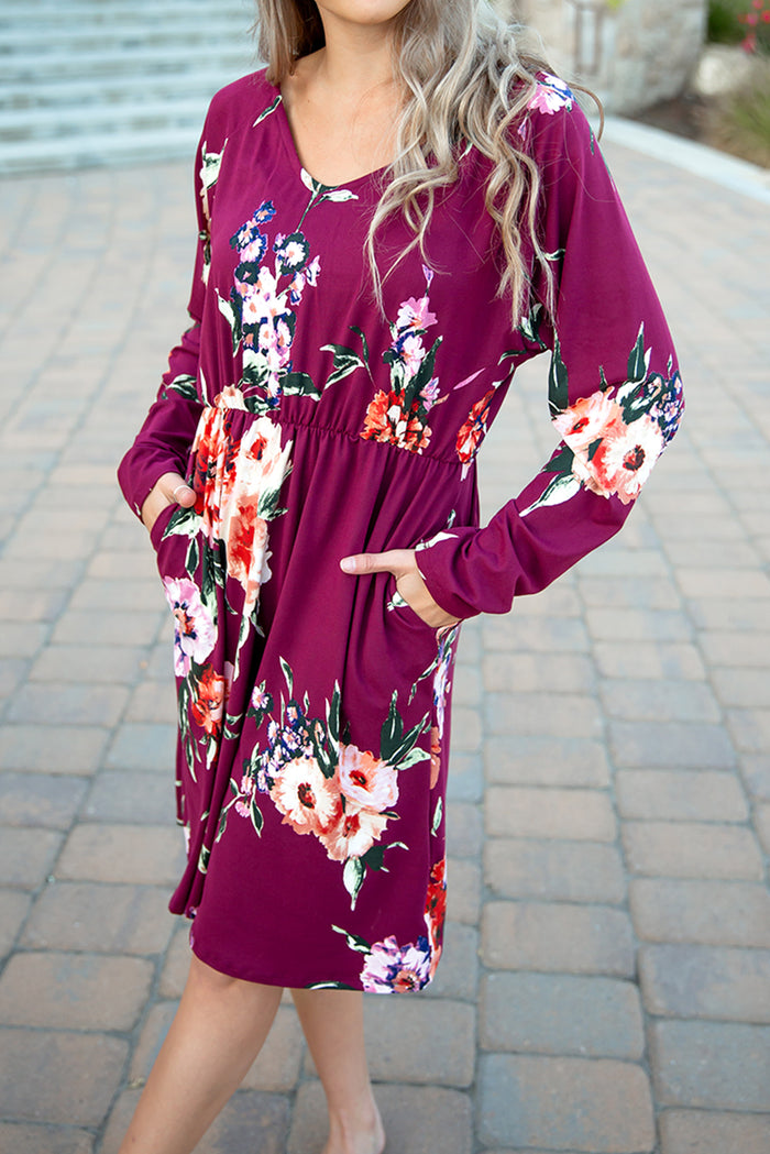 Udressshop Rose Long Sleeve High Waist Winter Floral Dress