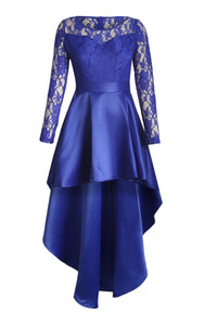 Udressshop Long Sleeve Lace High Low Satin Prom Evening Dress