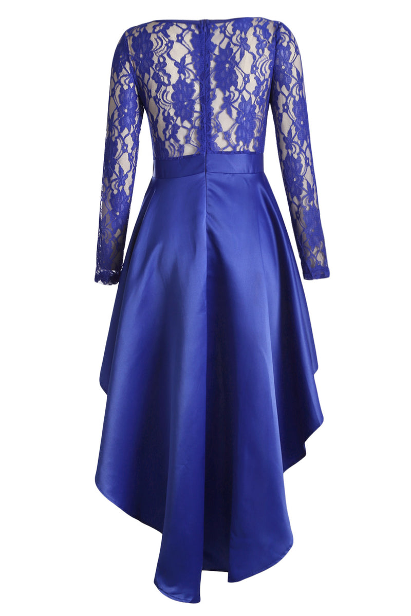 Udressshop Long Sleeve Lace High Low Satin Prom Evening Dress