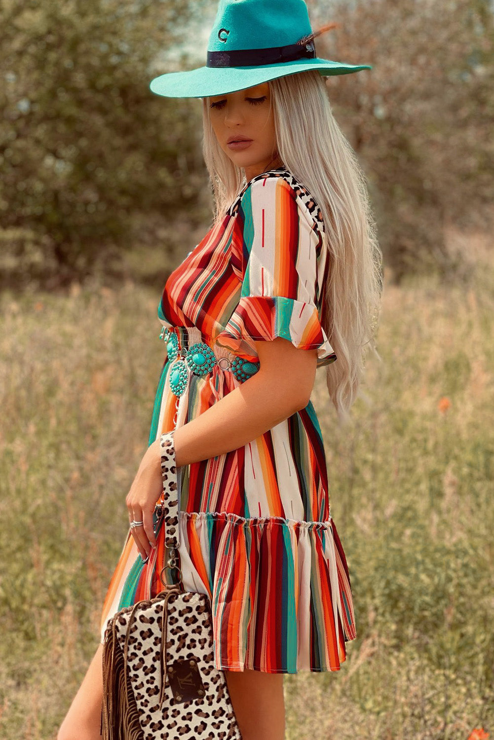 Udressshop Serape Striped Leopard Mini Dress