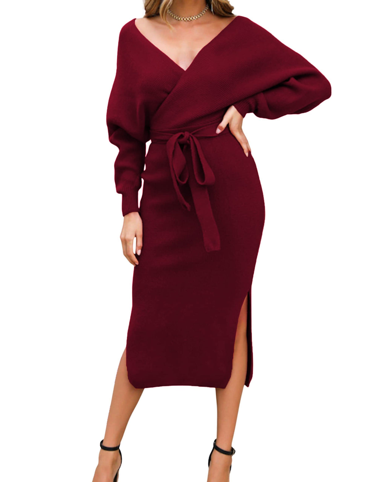 Sexy V Neck Cocktail Batwing Wrap Hip Long Sleeve Women's Knit Sweater Mini Dress