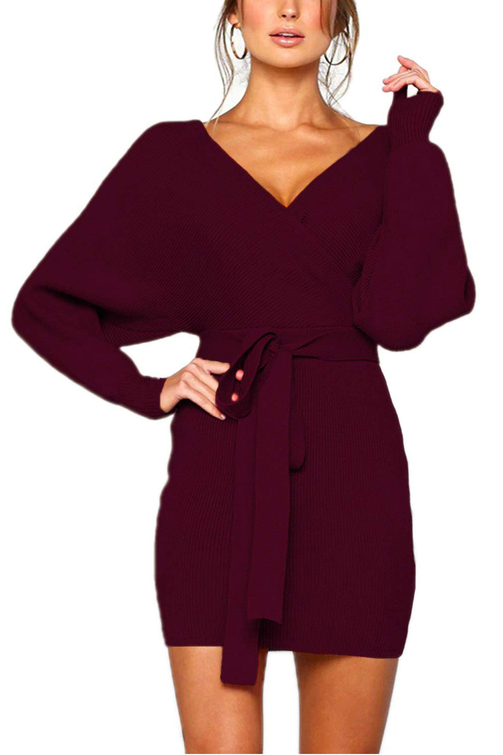 Sexy V Neck Cocktail Batwing Wrap Hip Long Sleeve Women's Knit Sweater Mini Dress