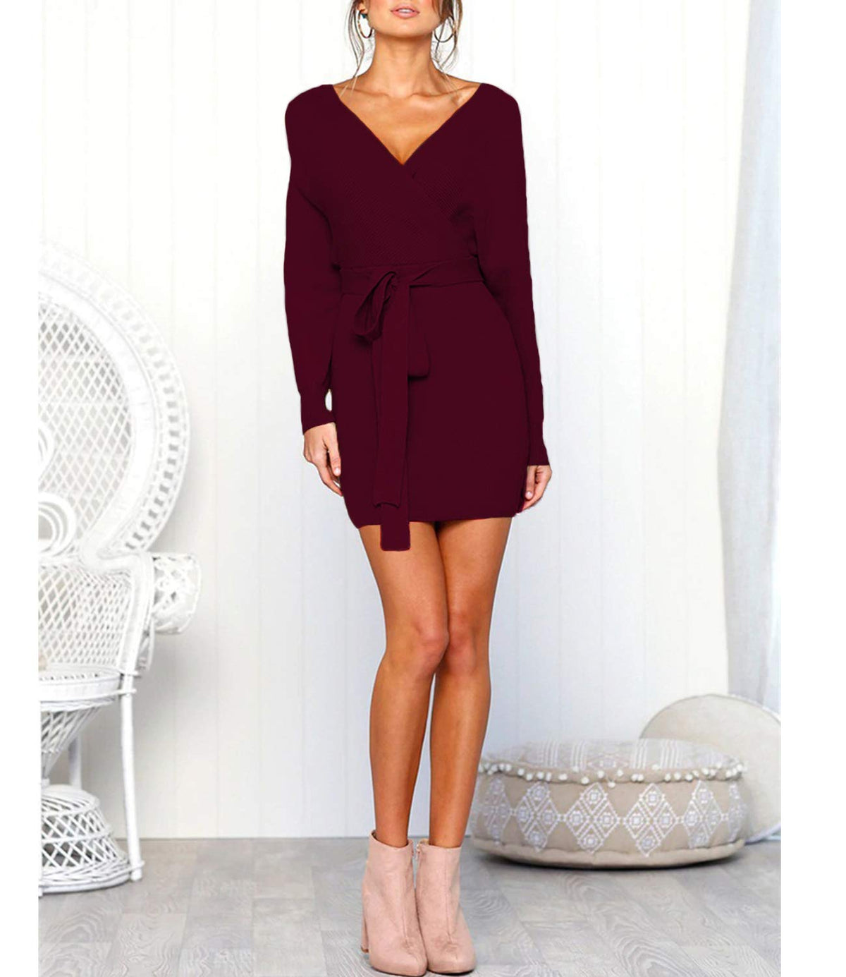 Sexy V Neck Cocktail Batwing Wrap Hip Long Sleeve Women's Knit Sweater Mini Dress