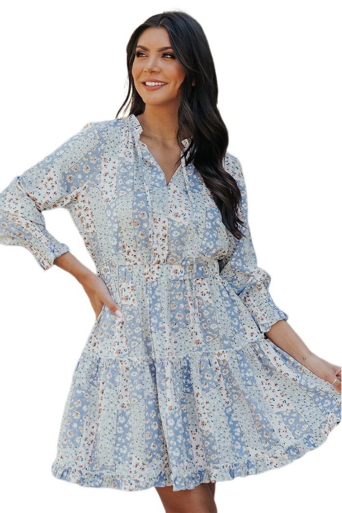 Udressshop Sky Blue Floral Split V Neck Tiered Ruffle Dress