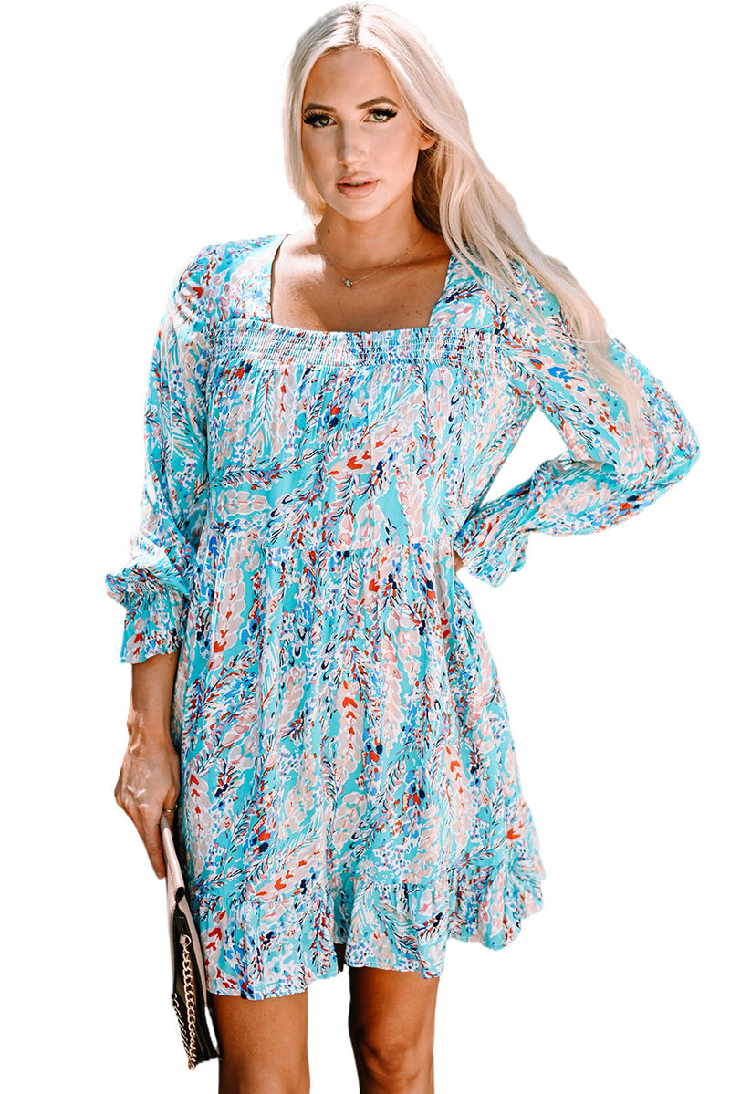 Udressshop Sky Blue Ruffled Square Neck Floral Dress