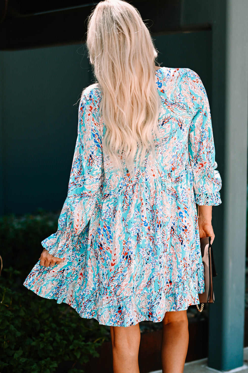 Udressshop Sky Blue Ruffled Square Neck Floral Dress