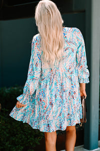 Udressshop Sky Blue Ruffled Square Neck Floral Dress