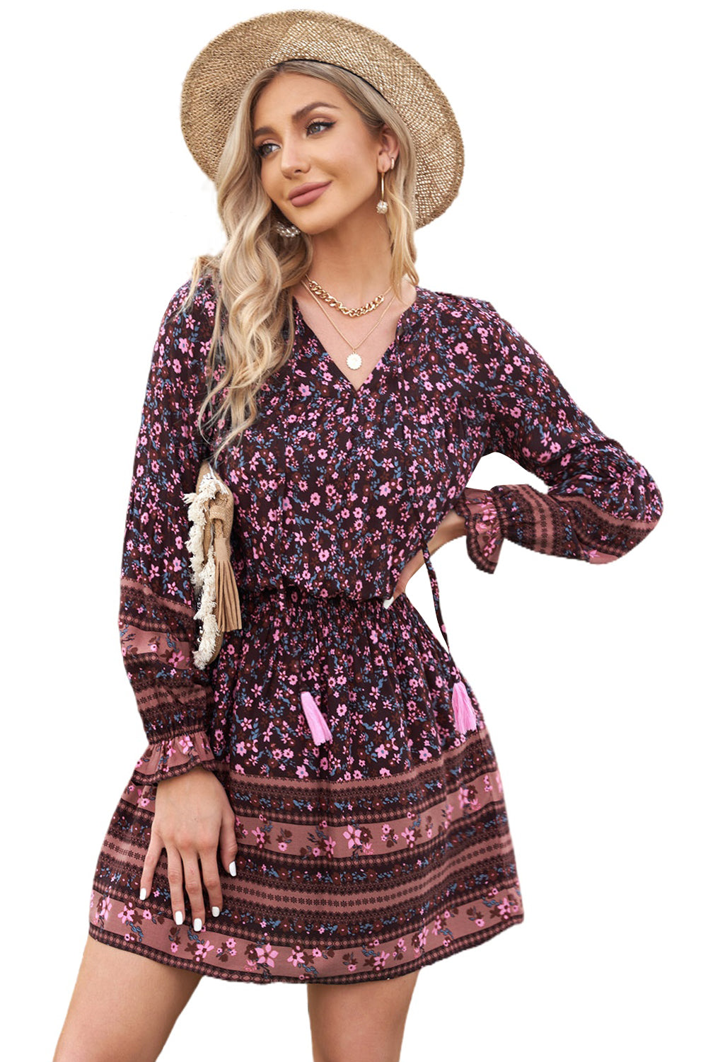 Udressshop Split V Neck Boho Winter Floral Dress