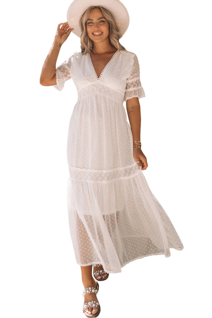 Udressshop White Swiss Dot Lace Trim Maxi Dress