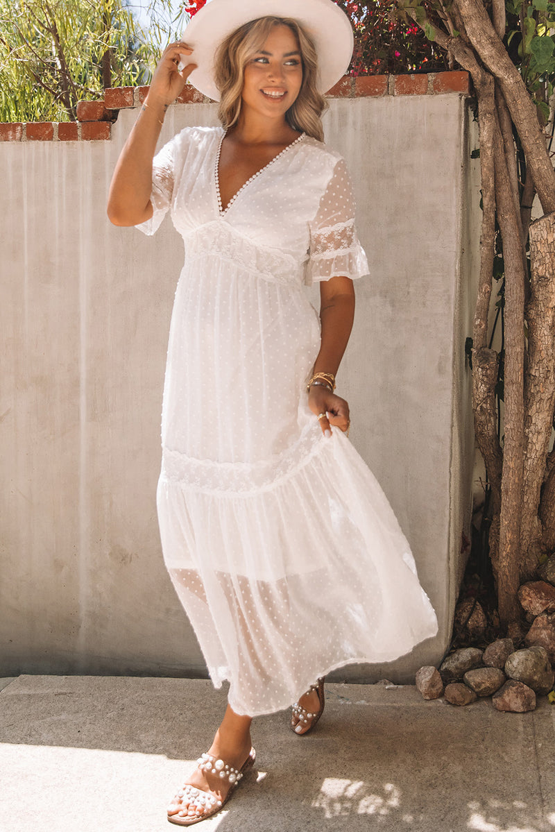 Udressshop White Swiss Dot Lace Trim Maxi Dress