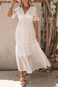 Udressshop White Swiss Dot Lace Trim Maxi Dress