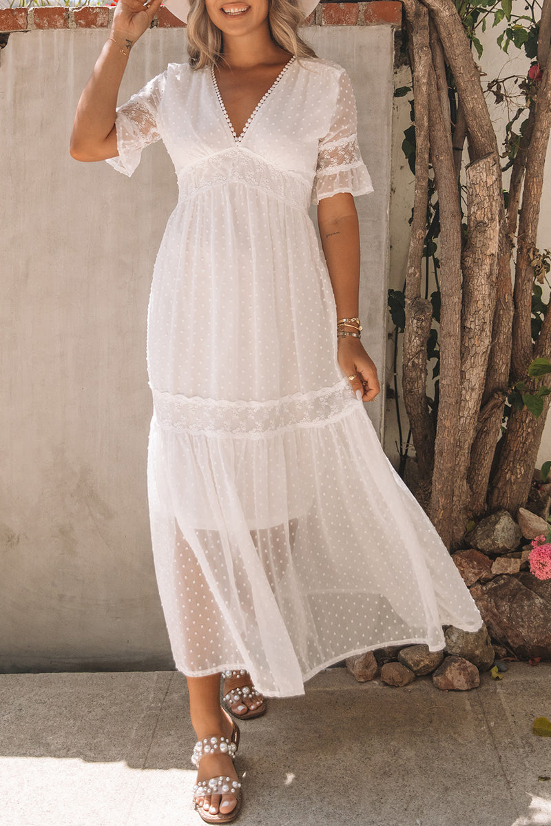 Udressshop White Swiss Dot Lace Trim Maxi Dress